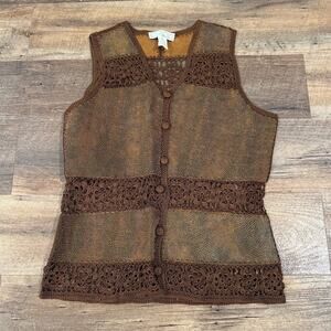 VTG Brown Leather Floral Crochet Vest Festival Western Boho SMH S Layering READ